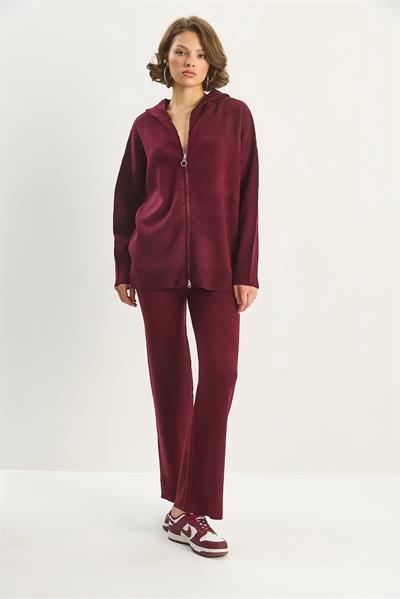 Kadın Relax Fit Kapüşonlu Hırka Yüksek Bel Pantolon Triko Takım TT251003 60283645 - Bordo