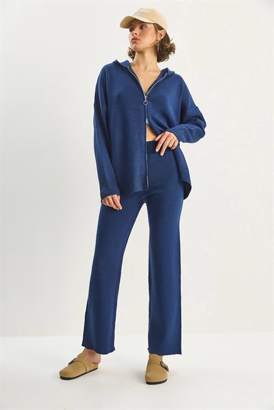 Kadın Relax Fit Kapüşonlu Hırka Yüksek Bel Pantolon Triko Takım TT251003 60283645 - Lacivert