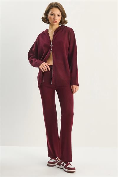 Kadın Relax Fit Kapüşonlu Hırka Yüksek Bel Pantolon Triko Takım TT251003 60283645 - Bordo