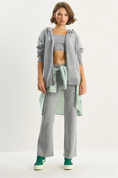 Kadın Relax Fit Kapüşonlu Hırka Yüksek Bel Pantolon Triko Takım TT251003 60283645 - Gri