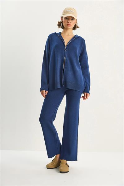 Kadın Relax Fit Kapüşonlu Hırka Yüksek Bel Pantolon Triko Takım TT251003 60283645 - Lacivert