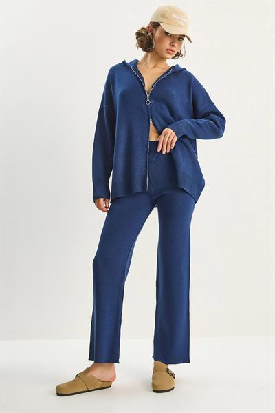 Kadın Relax Fit Kapüşonlu Hırka Yüksek Bel Pantolon Triko Takım TT251003 60283645 - Lacivert