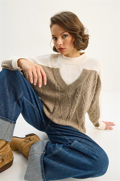 Kadın Renk Bloklu Oversize Triko Kazak TK251078 60283721 - Krem-Vizon