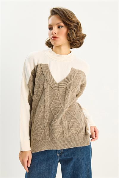 Kadın Renk Bloklu Oversize Triko Kazak TK251078 60283721 - Krem-Vizon