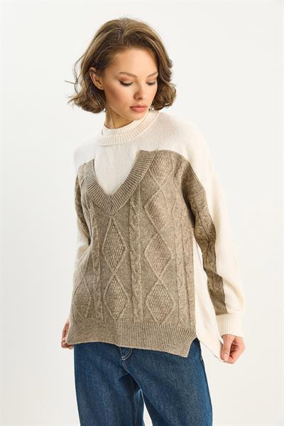 Kadın Renk Bloklu Oversize Triko Kazak TK251078 60283721 - Krem-Vizon