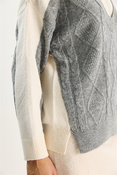 Kadın Renk Bloklu Oversize Triko Kazak TK251078 60283721 - Krem-Gri