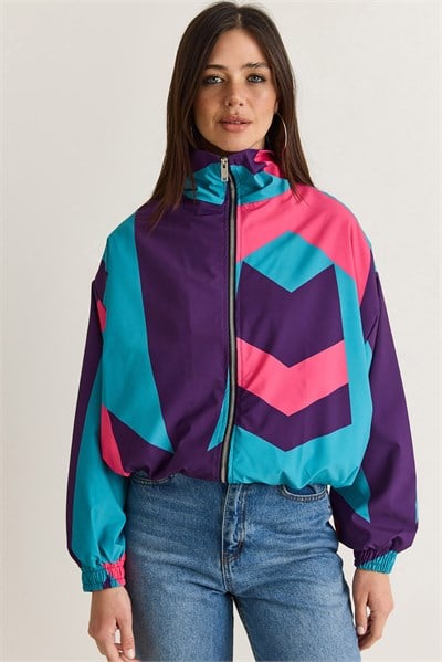 Kadın Retro Renk Bloklu Fermuarlı Oversize Rüzgarlık Ceket 4222 60286654 - Mor