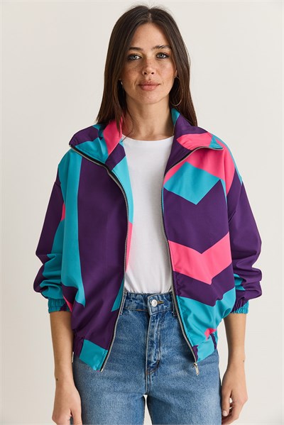 Kadın Retro Renk Bloklu Fermuarlı Oversize Rüzgarlık Ceket 4222 60286654 - Mor