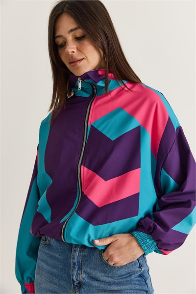 Kadın Retro Renk Bloklu Fermuarlı Oversize Rüzgarlık Ceket 4222 60286654 - Mor