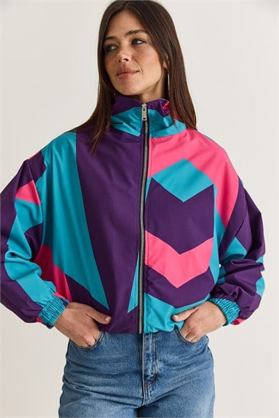 Kadın Retro Renk Bloklu Fermuarlı Oversize Rüzgarlık Ceket 4222 60286654 - Mor