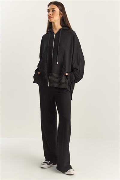 Kadın Ribanalı Oversize Kapüşonlu Fermuarlı Sweat Geniş Paça Comfort Pantolon Takım 4038 60283855 - Siyah