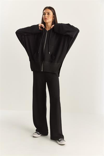 Kadın Ribanalı Oversize Kapüşonlu Fermuarlı Sweat Geniş Paça Comfort Pantolon Takım 4038 60283855 - Siyah