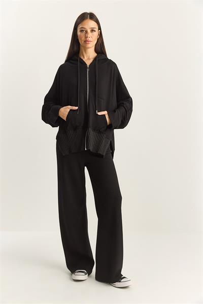 Kadın Ribanalı Oversize Kapüşonlu Fermuarlı Sweat Geniş Paça Comfort Pantolon Takım 4038 60283855 - Siyah