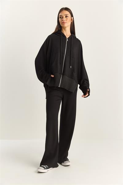 Kadın Ribanalı Oversize Kapüşonlu Fermuarlı Sweat Geniş Paça Comfort Pantolon Takım 4038 60283855 - Siyah