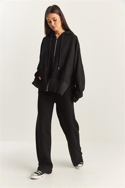 Kadın Ribanalı Oversize Kapüşonlu Fermuarlı Sweat Geniş Paça Comfort Pantolon Takım 4038 60283855 - Siyah