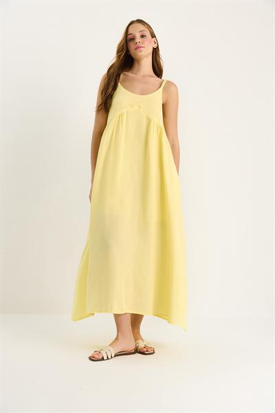 Kadın Saç Örgü Askılı Cep Detaylı Astarlı Salaş Müslin Elbise 7021 60283468 - Limon Sarısı