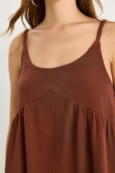 Kadın Saç Örgü Askılı Cep Detaylı Astarlı Salaş Müslin Elbise 7021 60283468 - Kahve