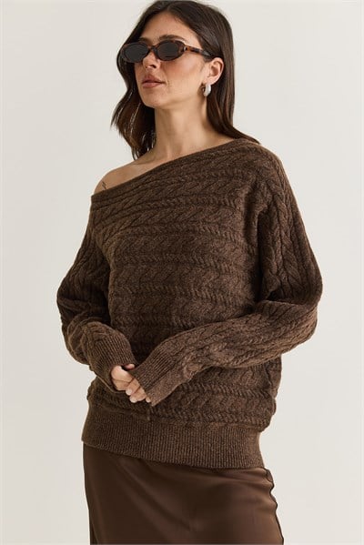Kadın Saç Örgü Desenli Kayık Yaka Oversize Triko Kazak TK261016 60286625 - Kahverengi