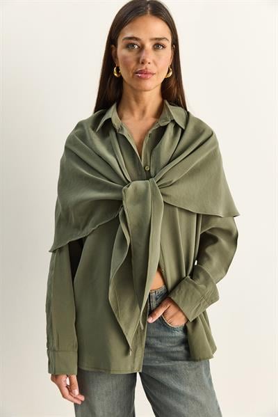 Kadın Şal Aksesuarlı Oversize Modal Gömlek 340 60286164 - Haki