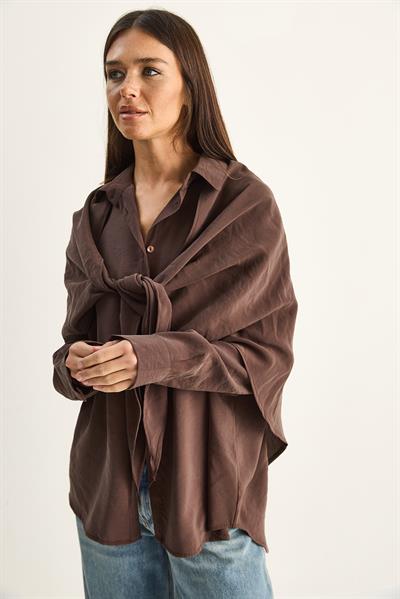 Kadın Şal Aksesuarlı Oversize Modal Gömlek 340 60286164 - Kahverengi