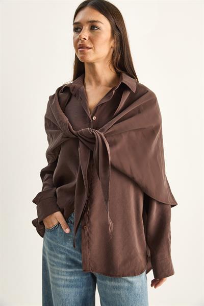 Kadın Şal Aksesuarlı Oversize Modal Gömlek 340 60286164 - Kahverengi