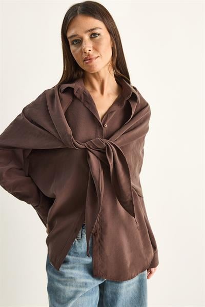 Kadın Şal Aksesuarlı Oversize Modal Gömlek 340 60286164 - Kahverengi