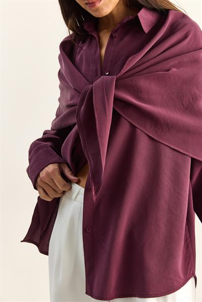 Kadın Şal Aksesuarlı Oversize Modal Gömlek 340 60286164 - Mürdüm