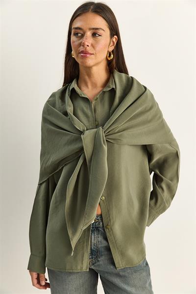 Kadın Şal Aksesuarlı Oversize Modal Gömlek 340 60286164 - Haki