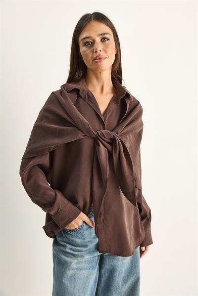 Kadın Şal Aksesuarlı Oversize Modal Gömlek 340 60286164 - Kahverengi