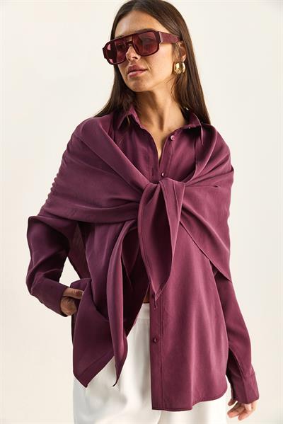 Kadın Şal Aksesuarlı Oversize Modal Gömlek 340 60286164 - Mürdüm