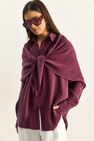 Kadın Şal Aksesuarlı Oversize Modal Gömlek 340 60286164 - Mürdüm
