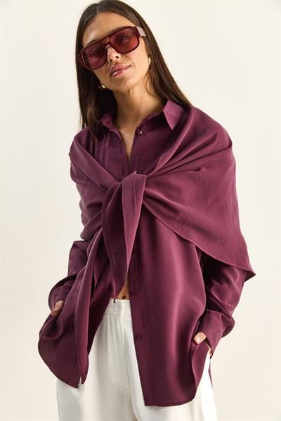 Kadın Şal Aksesuarlı Oversize Modal Gömlek 340 60286164 - Mürdüm
