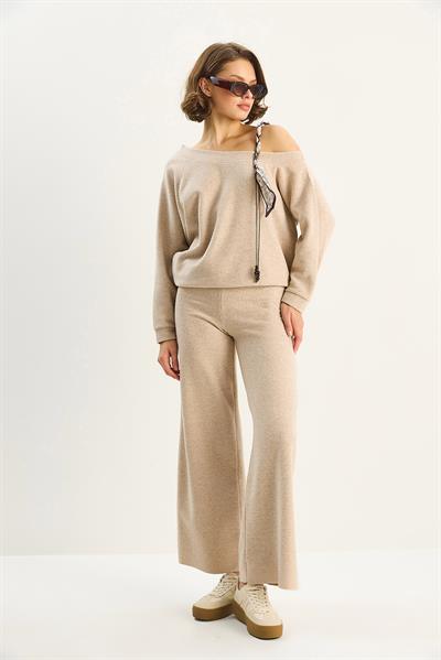 Kadın Şal Aksesuarlı Tek Omuz Üst Bol Pantolonlu Selanik Takım 6940 60283708 - Bej