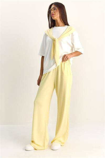 Kadın Şal Detaylı Basic T-Shirt Beli Lastikli Bol Pantolon Alt-Üst Modal Takım 4116 60286084 - Sarı-Beyaz