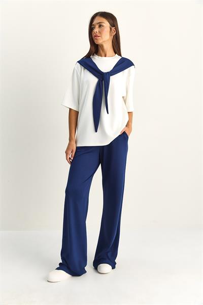 Kadın Şal Detaylı Basic T-Shirt Beli Lastikli Bol Pantolon Alt-Üst Modal Takım 4116 60286084 - Lacivert-Beyaz