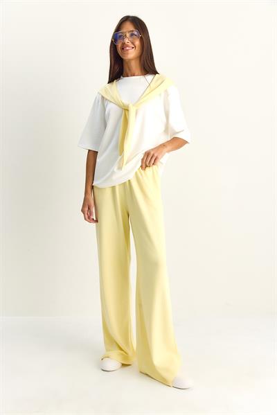 Kadın Şal Detaylı Basic T-Shirt Beli Lastikli Bol Pantolon Alt-Üst Modal Takım 4116 60286084 - Sarı-Beyaz