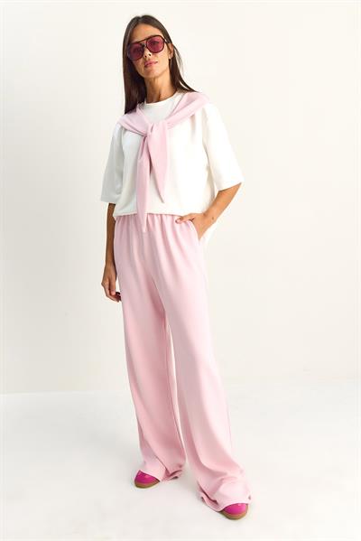 Kadın Şal Detaylı Basic T-Shirt Beli Lastikli Bol Pantolon Alt-Üst Modal Takım 4116 60286084 - Pembe-Beyaz