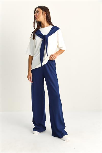 Kadın Şal Detaylı Basic T-Shirt Beli Lastikli Bol Pantolon Alt-Üst Modal Takım 4116 60286084 - Lacivert-Beyaz