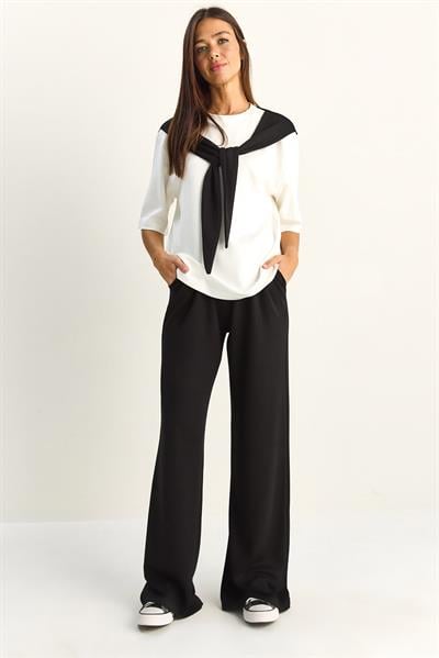 Kadın Şal Detaylı Basic T-Shirt Beli Lastikli Bol Pantolon Alt-Üst Modal Takım 4116 60286084 - Siyah-Beyaz