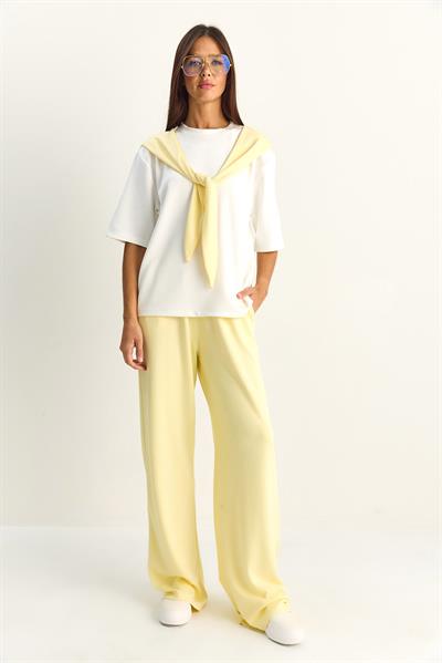 Kadın Şal Detaylı Basic T-Shirt Beli Lastikli Bol Pantolon Alt-Üst Modal Takım 4116 60286084 - Sarı-Beyaz