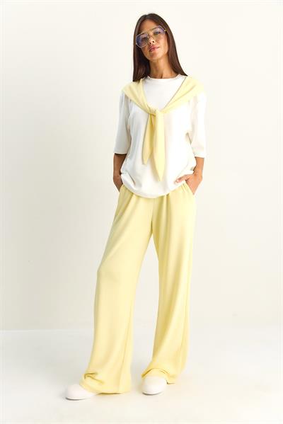Kadın Şal Detaylı Basic T-Shirt Beli Lastikli Bol Pantolon Alt-Üst Modal Takım 4116 60286084 - Sarı-Beyaz