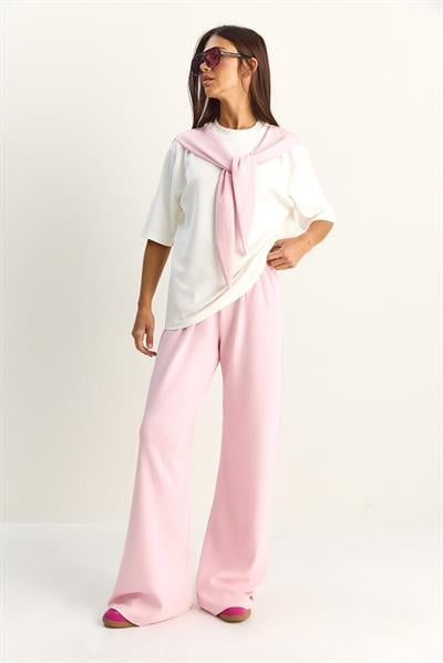Kadın Şal Detaylı Basic T-Shirt Beli Lastikli Bol Pantolon Alt-Üst Modal Takım 4116 60286084 - Pembe-Beyaz