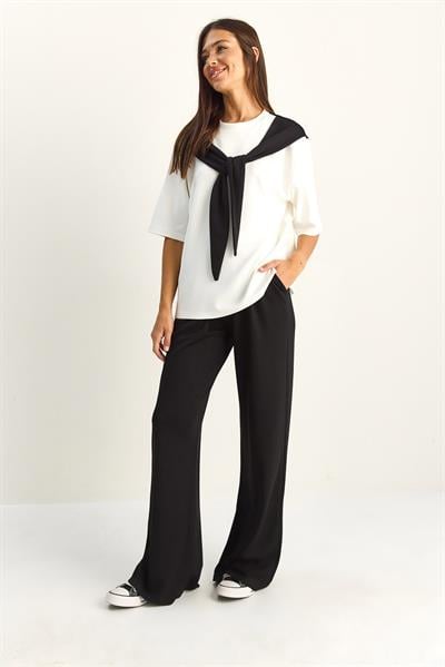 Kadın Şal Detaylı Basic T-Shirt Beli Lastikli Bol Pantolon Alt-Üst Modal Takım 4116 60286084 - Siyah-Beyaz