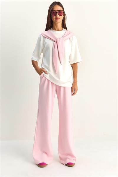 Kadın Şal Detaylı Basic T-Shirt Beli Lastikli Bol Pantolon Alt-Üst Modal Takım 4116 60286084 - Pembe-Beyaz