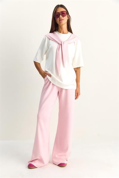 Kadın Şal Detaylı Basic T-Shirt Beli Lastikli Bol Pantolon Alt-Üst Modal Takım 4116 60286084 - Pembe-Beyaz
