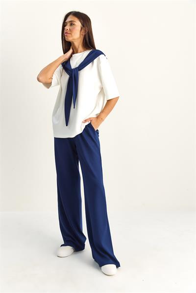 Kadın Şal Detaylı Basic T-Shirt Beli Lastikli Bol Pantolon Alt-Üst Modal Takım 4116 60286084 - Lacivert-Beyaz