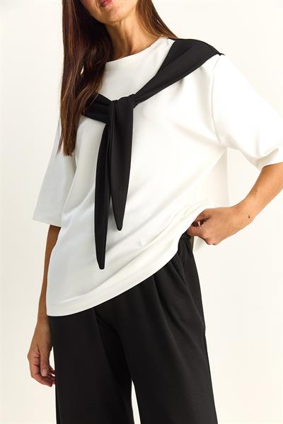 Kadın Şal Detaylı Basic T-Shirt Beli Lastikli Bol Pantolon Alt-Üst Modal Takım 4116 60286084 - Siyah-Beyaz