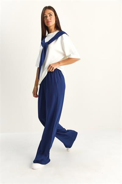 Kadın Şal Detaylı Basic T-Shirt Beli Lastikli Bol Pantolon Alt-Üst Modal Takım 4116 60286084 - Lacivert-Beyaz