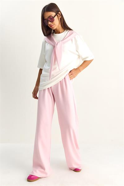 Kadın Şal Detaylı Basic T-Shirt Beli Lastikli Bol Pantolon Alt-Üst Modal Takım 4116 60286084 - Pembe-Beyaz
