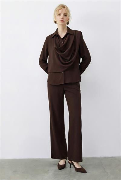 Kadın Şal Detaylı Gömlek Bol Pantolonlu Alt-Üst Takım 1119 60283961 - Acı Kahve